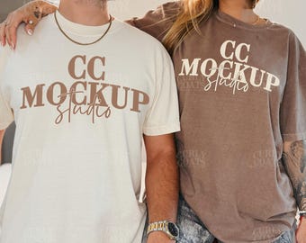 Couple Mockup Comfort Colors 1717 Espresso and Ivory, 2 Shirt Mockup with Male and Female Models, Oversized Unisex T-Shirt Mockup for Canva