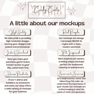 Puede incluir: Un gr&aacute;fico con el texto "Curly Coats Studio" y el texto "A little about our mockups". El gr&aacute;fico est&aacute; dividido en cuatro secciones con los siguientes encabezados: "High Quality", "Instant Download", "Diverse Products", "Real People", "Pet Inspired" y "Business to Business". Cada secci&oacute;n describe los beneficios de usar las maquetas.
