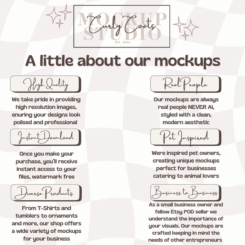 Puede incluir: Un gr&aacute;fico con el texto "Curly Coats Studio" y el texto "A little about our mockups". El gr&aacute;fico est&aacute; dividido en cuatro secciones con los siguientes encabezados: "High Quality", "Instant Download", "Diverse Products", "Real People", "Pet Inspired" y "Business to Business". Cada secci&oacute;n describe los beneficios de usar las maquetas.