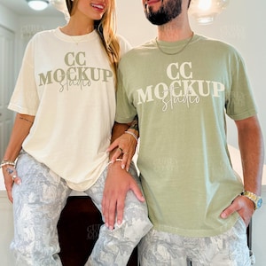 Couple Mockup Comfort Colors 1717 Ivory and Khaki, Matching Oversized Earth Tone T-Shirts, Real Model Beige Shirt Mockup for POD Etsy Seller