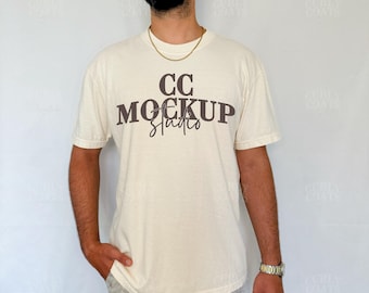 Ivory Comfort Colors 1717 Shirt Mockup Male Model | CC1717 Ivory T-Shirt Mockup | Comfort Colors Real Mockup | Ivory Shirt Mockup Photo
