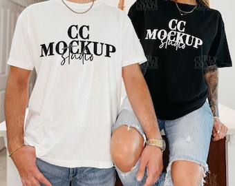 Couple Mockup Comfort Colors 1717 Black And White | Two Shirt Mockup | Male and Female Models | Trendy Oversized Tee Mockup, White Tee Mock