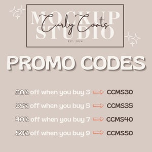 Puede incluir: Un gr&aacute;fico con el texto "Curly Coats Studio" y "Promo Codes" en blanco sobre un fondo marr&oacute;n claro. El gr&aacute;fico enumera c&oacute;digos de descuento para diferentes cantidades de compra: 30% de descuento al comprar 3 (CCMS30), 35% de descuento al comprar 5 (CCMS35), 40% de descuento al comprar 7 (CCMS40) y 50% de descuento al comprar 9 (CCMS50).