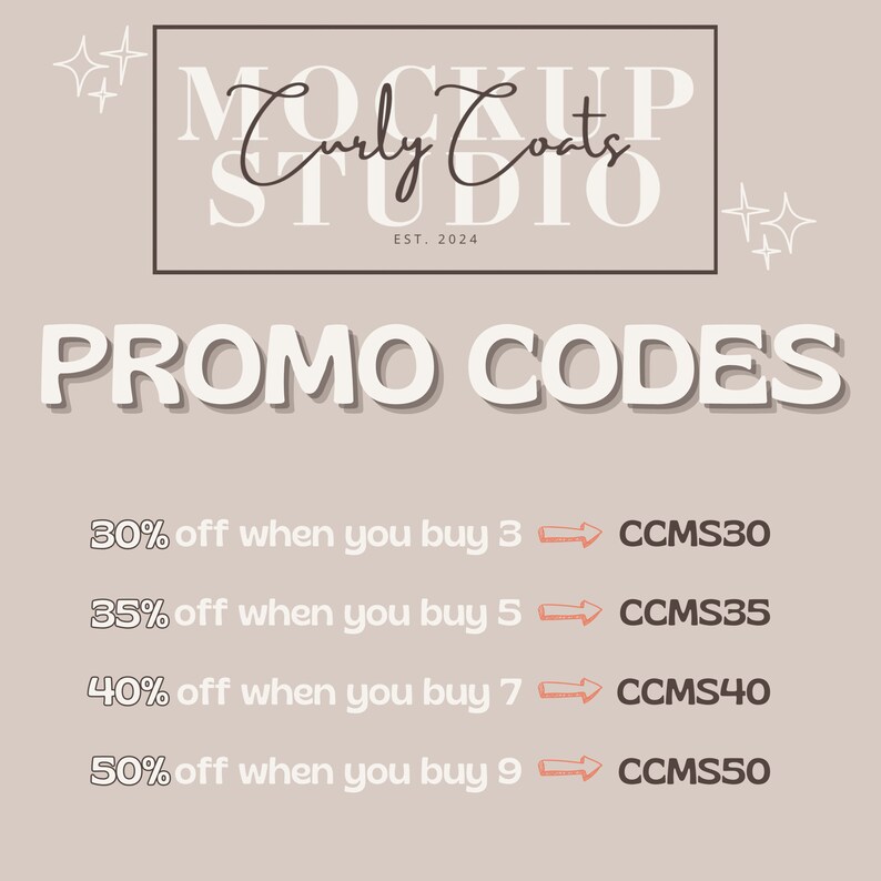 Puede incluir: Un gr&aacute;fico con el texto "Curly Coats Studio" y "Promo Codes" en blanco sobre un fondo marr&oacute;n claro. El gr&aacute;fico enumera c&oacute;digos de descuento para diferentes cantidades de compra: 30% de descuento al comprar 3 (CCMS30), 35% de descuento al comprar 5 (CCMS35), 40% de descuento al comprar 7 (CCMS40) y 50% de descuento al comprar 9 (CCMS50).