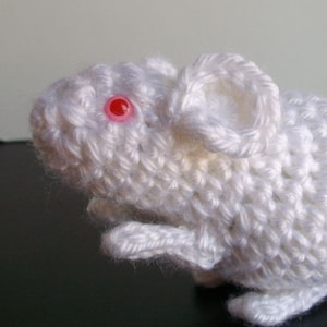 May include: A handmade white crochet mouse with a pink eye. The mouse has small ears and a detailed crocheted texture. The image is a close-up, showing the craftsmanship of the amigurumi toy.