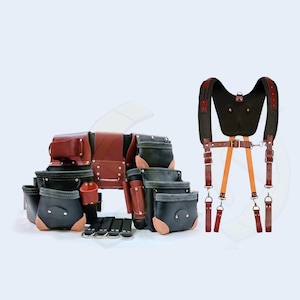 Leather Carpenter Tool Bag with Suspenders | 16-Pocket Grain Leather Tool Belt & Pouch | Heavy-Duty KE Tool Belt | Suspenders Included