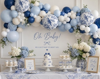 Blauwe chinoiserie vogel ballon vintage bloemen feestdecor Frans Cottagecore grillige trend korenbloem toile babyshower verjaardagsbrunch