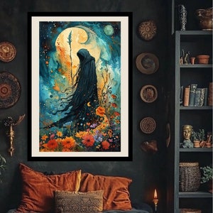 Carta del tarot de la muerte / decoración de pared / impresión de bellas artes / arte de IA / IA generada / estilo de aceite de tinta con alcohol y acuarela / dibujo con colores vibrantes