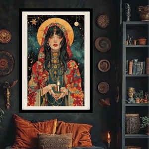Carta de tarô da Alta Sacerdotisa | decoração de parede | impressão de belas artes | arte de IA | gerada por IA | estilo de tinta a óleo com álcool e aquarela | cores vibrantes
