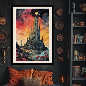 Carta del tarot La Torre / decoración de pared / impresión de bellas artes / arte de IA / generado por IA / estilo de aceite de tinta con alcohol y acuarela / dibujo con colores vibrantes