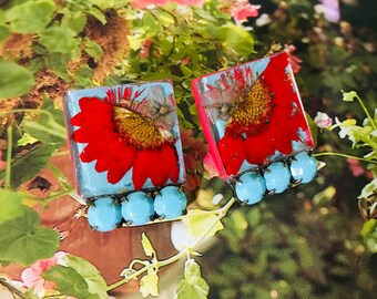 Stud earrings Handmade Resin earrings natural press flower earrings rhinestone jewelry gift for her unique style
