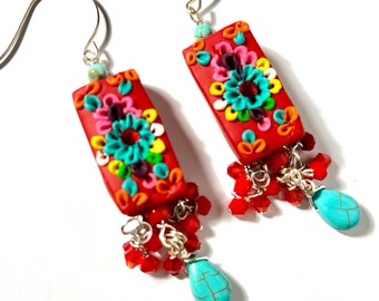 pretty red and turquoise chandelier earrings polymer clay boho handcrafted