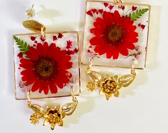 Resin earrings natural flower earrings dangle earrings