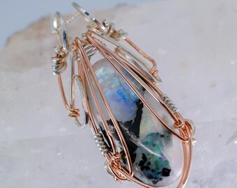 Moonstone and Black Tourmaline Pendant Amulet - Sterling Silver and 14KT Rose Gold