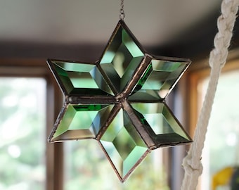 Stained Glass Star - Green Beveled Glass - Christmas Star - Star of David - Merkaba Star -