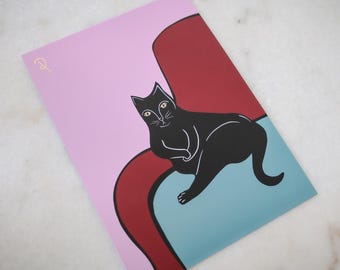 Black Cat In Chair - Unique Home Decor - Original Art Print - Modern Cat Art - Abstract Art