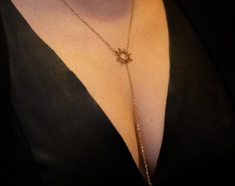 Sun and Crescent Moon Gold Lariette Style Pendant Necklace
