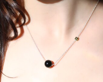 Black Tourmaline with Moldavite Amulet - Dainty Minimalist Pendant