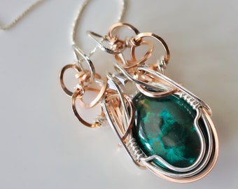 Azurite Malachite with Herkimer Diamond Amulet Pendant - Argentium Sterling Silver and 14KT Rose Gold