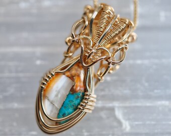 Oyster Shell Copper Turquoise Amulet Pendant - 14KT Gold