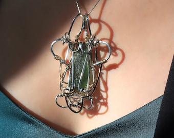 Moldavite and Herkimer Diamond - Argentium Sterling Silver and 14KT Gold