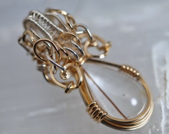 Rutilated Quartz with Herkimer Diamond - Argentium Sterling Silver and 14KT Gold