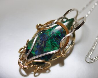 Azurite and Malachite Amulet Pendant - Argentium Sterling Silver and 14KT Gold