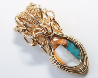 Oyster Shell Copper Turquoise Amulet Pendant - 14KT Gold