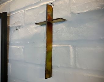 Stained Glass Hanging Cross SunCatcher - Green Blue Red Yellow