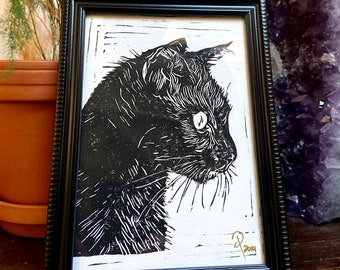 Black Cat - Original Handcrafted Linoleum Cut Print by Philip Crow