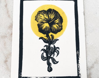 Yellow Hibiscus Flower Linoleum Block Ink Print