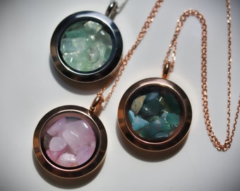 Black Tourmaline Bloodstone Kunzite Fluorite - Stainless Steel Locket Pendant Talisman - Rose Gold - Silver