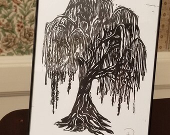 Black Ink Print Willow Tree - Original Handcrafted Linoleum Cut Framed Art Print by Philip Crow