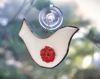 Folk Art Bird Hanging Glass Flower Ornament -  Rose - Birthday Month June - Gemini - Cancer