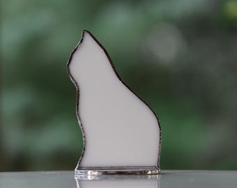 WHITE Cat Sun Catcher © - Sitting Glass Cat Ornament - Memorial - Stained Glass