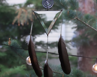 Water Element Symbol Glass Sun Catcher Hanger with Natural Duck Feathers - Gemini, Libra, and Aquarius