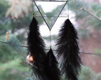 Earth Elemental Symbol Glass Sun Catcher Hanger with Natural Duck Feathers - Taurus, Virgo, and Capricorn