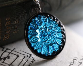 Stained Glass Jewelry - Victorian Antique Glass Jewel Pendant - Blue