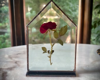 Table Top Glass Flower Display - Red Rose