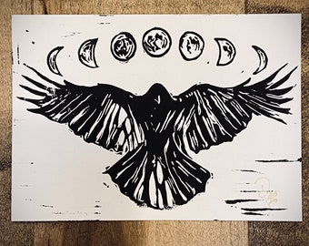 Crow Moon Phases - Animal Totem - Original Handcrafted Linoleum Cut Print by Philip Crow