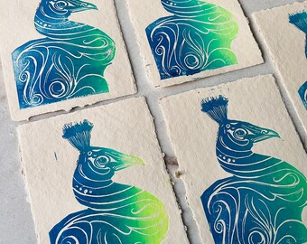 Peacock Art Print - Original Linoleum Block Print