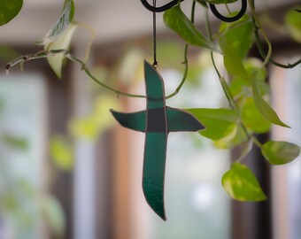 Stained Glass Cross SunCatcher | Communion | Wedding | Christmas | Baptism | Memorial | Confirmation | Mother’s Day | Easter | Forest Green