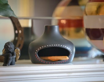 Palo Santo Incense Burner Holder | Modern Hand Painted Chiminea | Incense Cone Sage Holder | Black Ceramic
