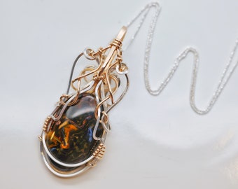 Pietersite Amulet Pendant - Argentium Sterling Silver and 14KT Gold
