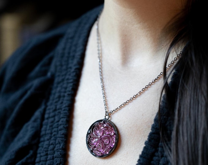 Featured listing image: Stained Glass Jewelry - Victorian Antique Glass Jewel Pendant - Amethyst
