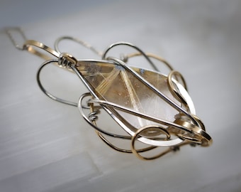 Golden Rutile Quartz with Hematite Amulet Pendant - Argentium Sterling Silver and 14KT Gold