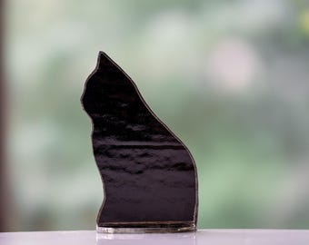 Stained Glass Black Cat SunCatcher © - Sitting Glass Cat Ornament - Memorial
