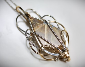 Golden Rutile Quartz with Hematite Amulet Pendant - Argentium Sterling Silver and 14KT Gold