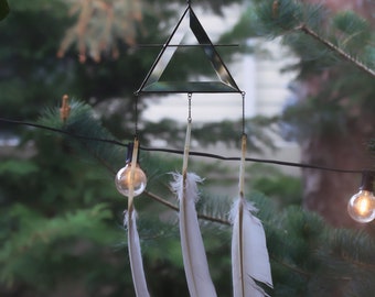 Air Elemental Symbol Glass Sun Catcher Hanger with Natural Duck Feathers - Gemini, Libra, and Aquarius