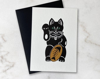 Maneki Neko - Black Cat - Lucky Cat - Birthday - Graduation - Good Luck - 5x7 Archival Framable Card, Design by Print Chapel